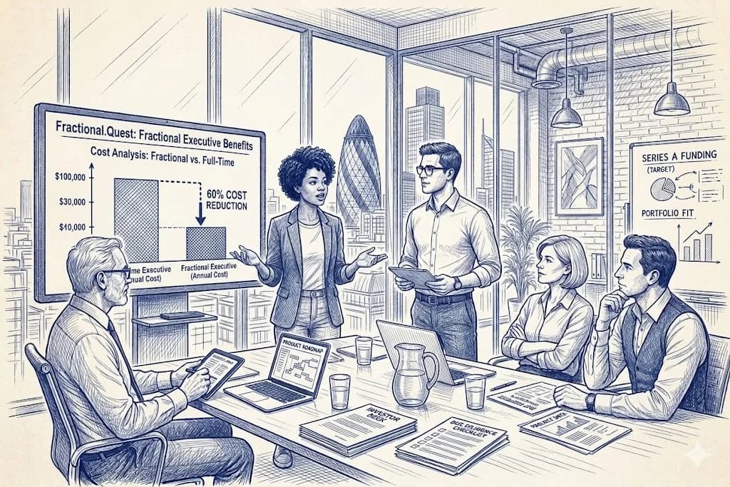 A fractional CEO leading a UK board meeting — hire a fractional CEO through Fractional Quest