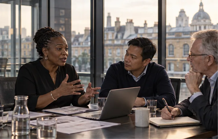 Hire Interim CSO: leadership meeting in a Covent Garden office (illustration)