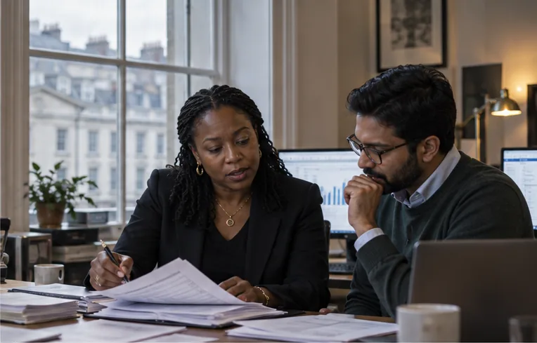 Financial Controller Recruitment Agency: a finance leader reviewing a board pack with a finance manager (illustration)