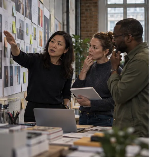 Marketing Consultants: a marketing leader walking her team through campaign concepts (illustration)