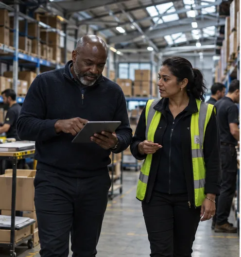 How to Hire an Operations Manager: an operations leader on the warehouse floor with an operations manager (illustration)