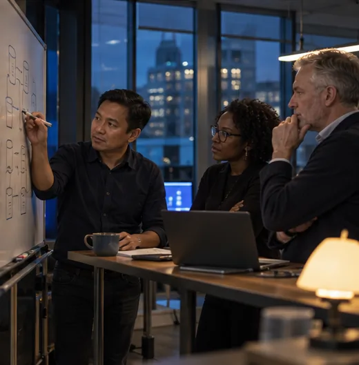 Fractional CIO firms: a technology leader sketching a system architecture on a whiteboard (illustration)